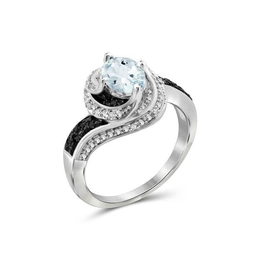 1 1/7 ct. T.G.W. Aquamarine & 1/10 ct. T.W. Black & White Diamond Ring in Sterling Silver