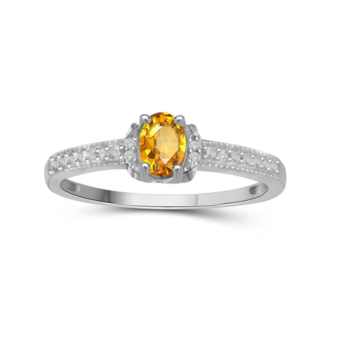 0.46 Carat T.G.W. Citrine Gemstone and 1/20 Carat T.W. White Diamond Sterling Silver Ring