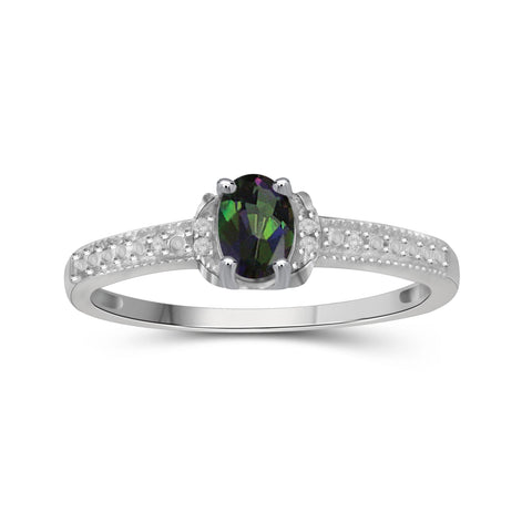 Mystic Topaz Ring Birthstone Jewelry – 0.50 Carat Mystic Topaz Sterling Silver Ring Jewelry with White Diamond Accent – Gemstone Rings with Hypoallergenic Sterling Silver Band