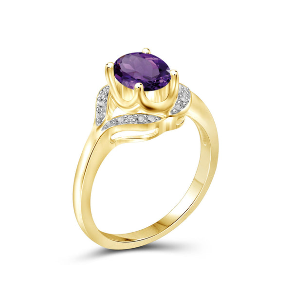 Amethyst Ring Birthstone Jewelry – 1.33 Carat Amethyst 14K Gold-Plated Ring Jewelry with White Diamond Accent – Gemstone Rings with Hypoallergenic 14K Gold-Plated Band