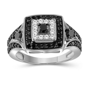 1.00 CTW Round cut Black & White Diamond Square Sterling Silver Ring