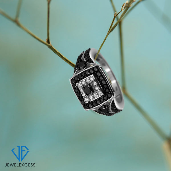 1.00 CTW Round cut Black & White Diamond Square Sterling Silver Ring