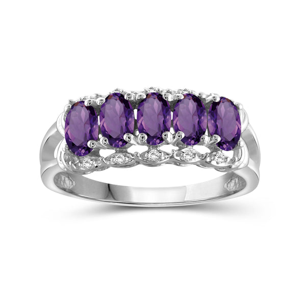 Gemstone & White Diamond Ring in Sterling Silver  Or 14K Gold-Plated - Assorted Gemstone