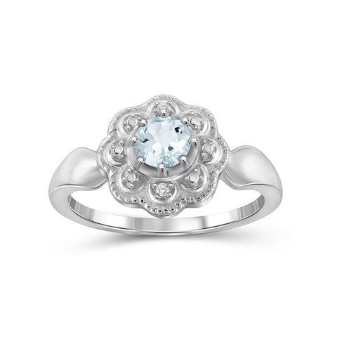0.45 Carat T.G.W. Aquamarine Gemstone and White Diamond Accent Sterling Silver Ring