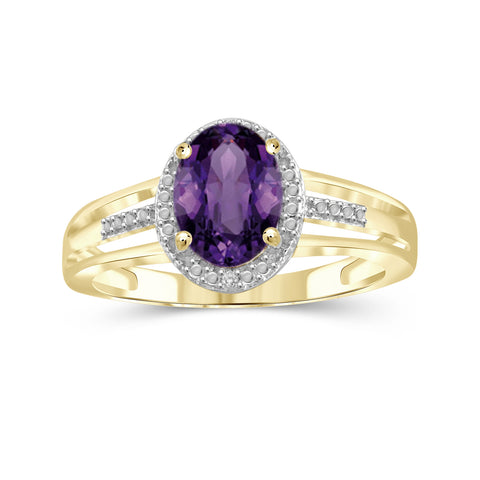 Amethyst Ring Birthstone Jewelry – 1.33 Carat Amethyst 14K Gold-Plated Ring Jewelry with White Diamond Accent – Gemstone Rings with Hypoallergenic 14K Gold-Plated Band