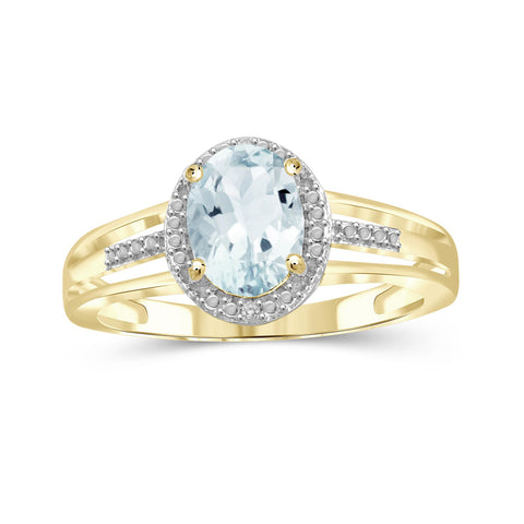Aquamarine Ring Birthstone Jewelry – 1.15 Carat Aquamarine 14K Gold-Plated Ring Jewelry with White Diamond Accent – Gemstone Rings with Hypoallergenic 14K Gold-Plated Band