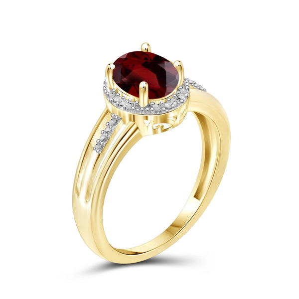 Garnet Ring Birthstone Jewelry – 1.60 Carat Garnet 14K Gold-Plated Ring Jewelry with White Diamond Accent – Gemstone Rings with Hypoallergenic 14K Gold-Plated Band