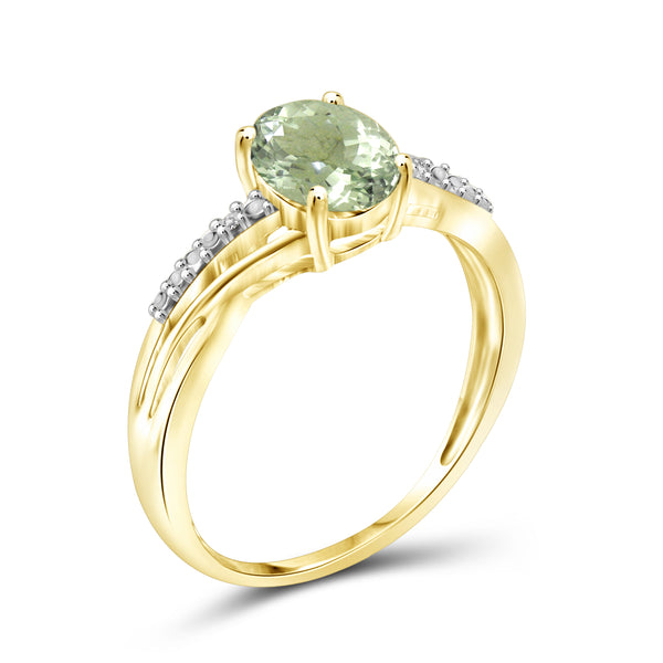 Green Amethyst Ring Birthstone Jewelry – 1.33 Carat Green Amethyst 14K Gold-Plated Ring Jewelry with White Diamond Accent – Gemstone Rings with Hypoallergenic 14K Gold-Plated Band
