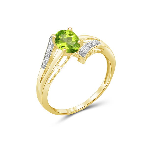 Peridot Ring Birthstone Jewelry – 0.80 Carat Peridot 14K Gold-Plated Ring Jewelry with White Diamond Accent – Gemstone Rings with Hypoallergenic 14K Gold-Plated Band