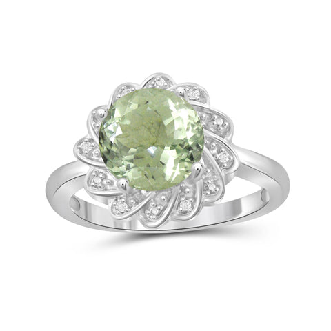 Green Amethyst Ring Birthstone Jewelry – 2.50 Carat Green Amethyst Sterling Silver Ring Jewelry with White Diamond Accent – Gemstone Rings with Hypoallergenic Sterling Silver Band