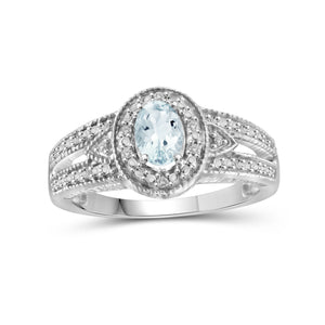 Aquamarine Ring Birthstone Jewelry – 0.50 Carat Aquamarine 0.925 Sterling Silver Ring Jewelry with White Diamond Accent – Gemstone Rings with Hypoallergenic 0.925 Sterling Silver Band