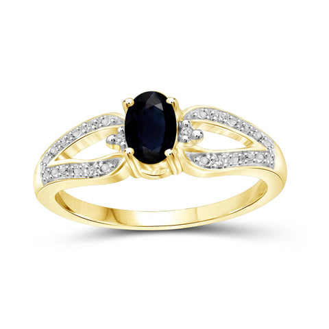 Sapphire Ring Birthstone Jewelry – 0.75 Carat Sapphire 14K Gold-Plated Ring Jewelry with White Diamond Accent – Gemstone Rings with Hypoallergenic 14K Gold-Plated Band