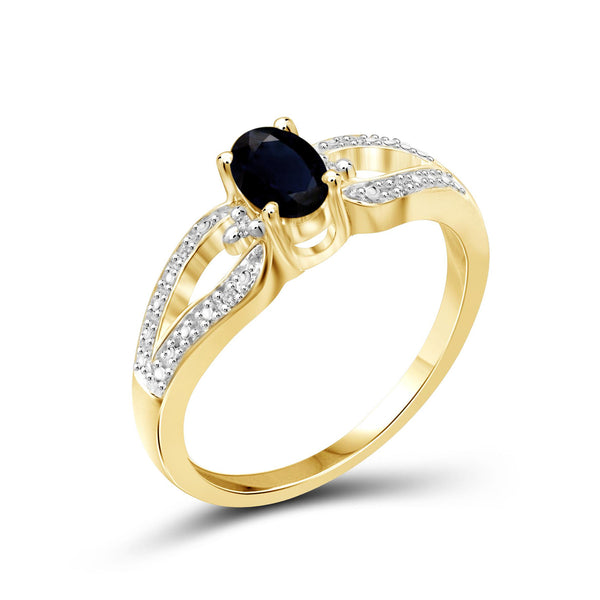 Sapphire Ring Birthstone Jewelry – 0.75 Carat Sapphire 14K Gold-Plated Ring Jewelry with White Diamond Accent – Gemstone Rings with Hypoallergenic 14K Gold-Plated Band