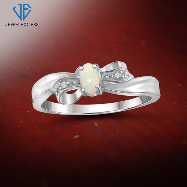 Opal Ring Birthstone Jewelry – 0.10 Carat Opal 0.925 Sterling Silver Ring Jewelry with White Diamond Accent – Gemstone Rings with Hypoallergenic 0.925 Sterling Silver Band