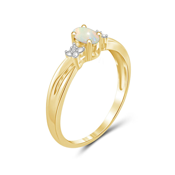 0.14 Carat T.G.W. Opal Gemstone & Accent White Diamond 14K Gold-Plated Ring