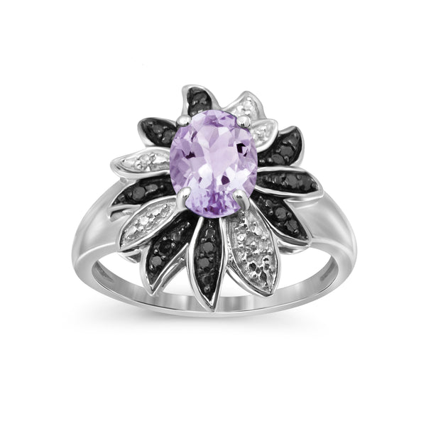1.09 Carat Pink Amethyst Gemstone and 1/10 Carat Black and White Diamond Sterling Silver Ring