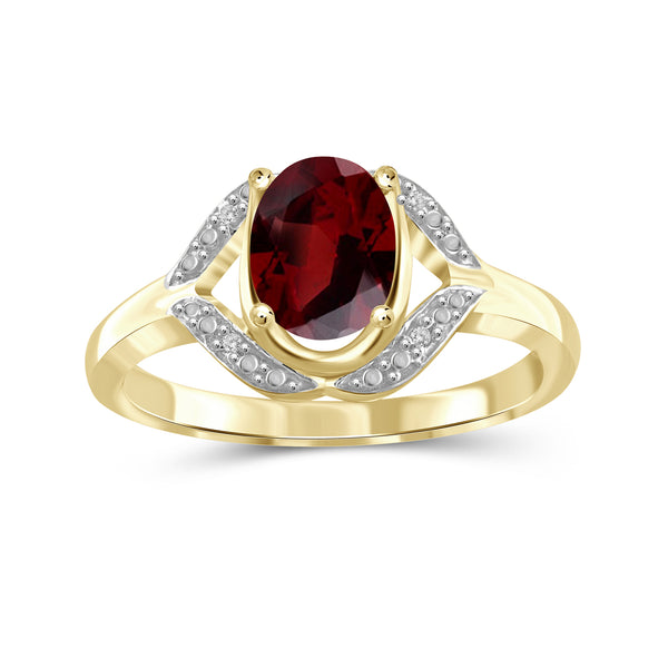 Garnet Ring Birthstone Jewelry – 1.50 Carat Garnet 14K Gold-Plated Ring Jewelry with White Diamond Accent – Gemstone Rings with Hypoallergenic 14K Gold-Plated Band