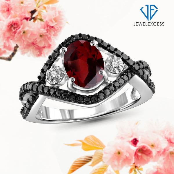 Garnet Ring Birthstone Jewelry – 1.60 Carat Garnet 0.925 Sterling Silver Ring Jewelry with White Diamond Accent – Gemstone Rings with Hypoallergenic 0.925 Sterling Silver Band