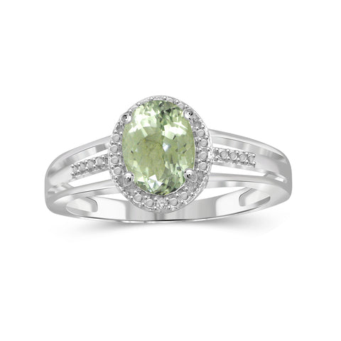 Green Amethyst Ring Birthstone Jewelry – 1.30 Carat Green Amethyst 0.925 Sterling Silver Ring Jewelry with White Diamond Accent – Gemstone Rings with Hypoallergenic 0.925 Sterling Silver Band