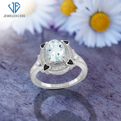 1.65 ct. T.G.W. Aquamarine Ring with Black & White Diamond Accents in Sterling Silver