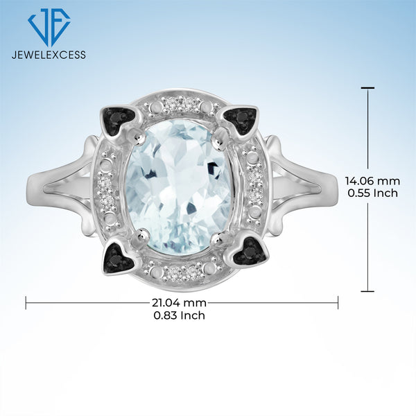 Aquamarine Ring March Birthstone Jewelry – 1.65 Carat Aquamarine Sterling Silver Ring Jewelry with Black & Black & White Diamond Accent – Gemstone Rings with Hypoallergenic Sterling Silver Band
