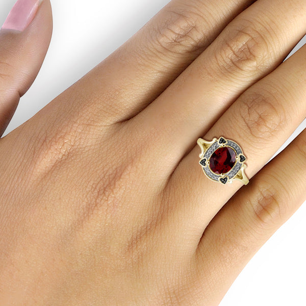 2.20 Carat T.G.W. Garnet Gemstone and 1/20 Carat T.W. Black and White Diamond 14K Gold-Plated Ring