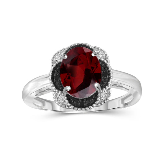 2.20 ct. T.G.W. Garnet Ring with Black & White Diamond Accents in Sterling Silver