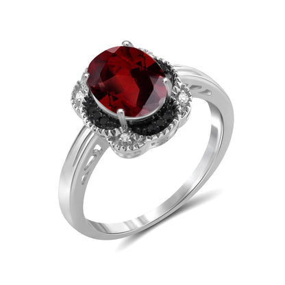 2.20 ct. T.G.W. Garnet Ring with Black & White Diamond Accents in Sterling Silver