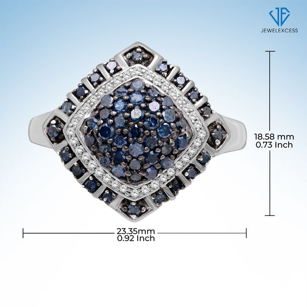 Sterling Silver Blue & White 1 Carat Diamond Ring for Women| Dual-Colored Ring Band with Round Diamonds