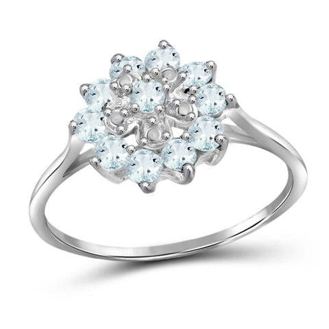 0.96 Carat T.G.W. Aquamarine Gemstone and 1/20 Carat T.W. White Diamond Sterling Silver Flower Ring