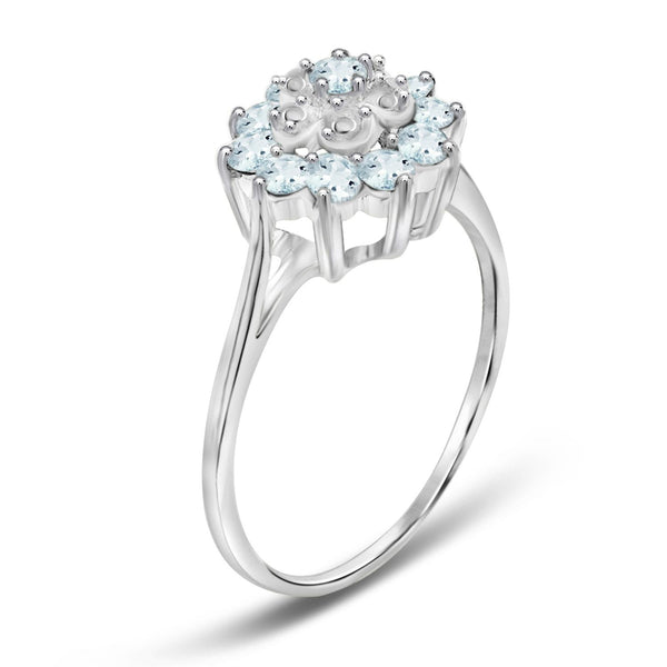0.96 Carat T.G.W. Aquamarine Gemstone and 1/20 Carat T.W. White Diamond Sterling Silver Flower Ring