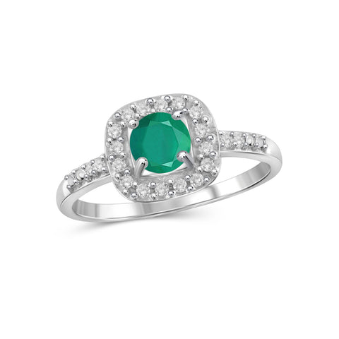 0.46 Carat T.G.W. Emerald Gemstone and 1/10 Carat T.W. White Diamond Sterling Silver Ring