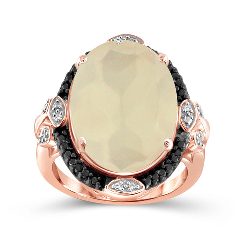 Moonstone Ring Birthstone Jewelry – 11.00 Carat Moonstone Rose Gold Over Silver Ring Jewelry with Black & White Diamond Accent – Gemstone Rings with Hypoallergenic Rose Gold Over Silver Band