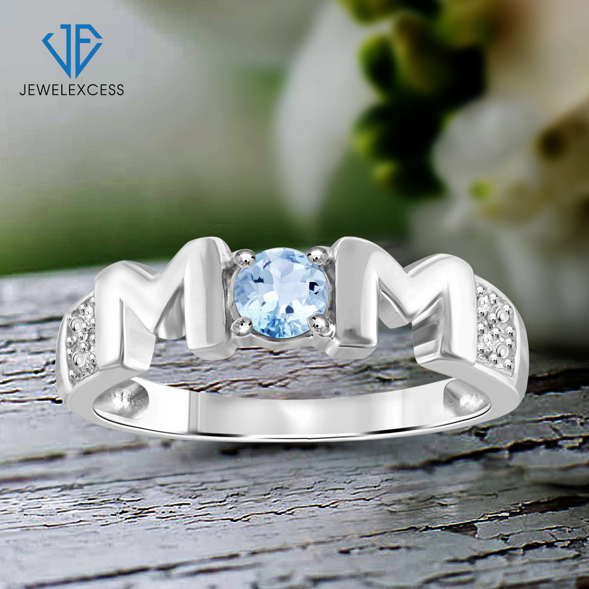 1/3 ct. T.G.W. Sky Blue Topaz Mom Ring with Diamond Accent in Sterling Silver