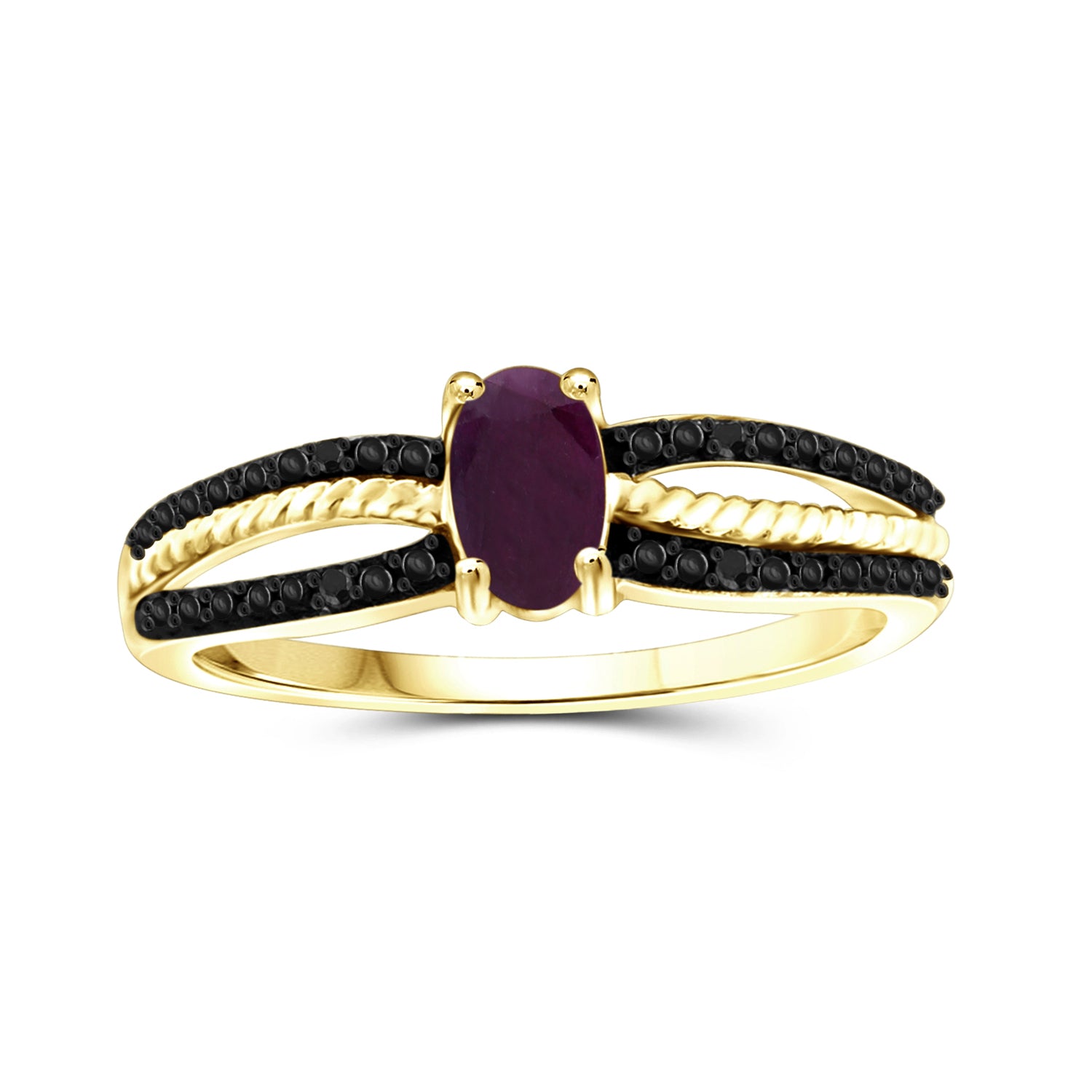 Ruby Ring Birthstone Jewelry – 0.50 Carat Ruby 14K Gold-Plated Ring Jewelry with Black Diamond Accent – Gemstone Rings with Hypoallergenic 14K Gold-Plated Band