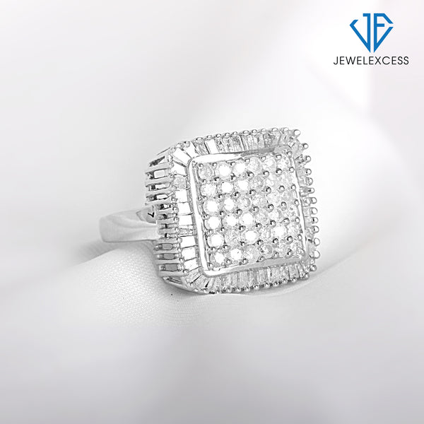 White Diamond 2 Carat Ring with Sterling Silver for Women & Girls | Square Halo Promise Ring with Round & Baguette Cut Diamonds