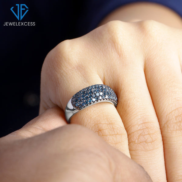 Sterling Silver Blue 1 Carat Diamond Ring for Women| Colored Ring Band with Round Diamonds