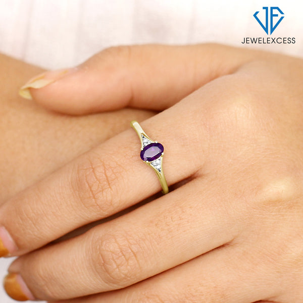 Amethyst Ring February Birthstone Jewelry – 1/2 Carat Amethyst 14K Gold Over Silver Ring Jewelry with White Diamond Accent – Gemstone Rings with Hypoallergenic 14K Gold Over Silver Band