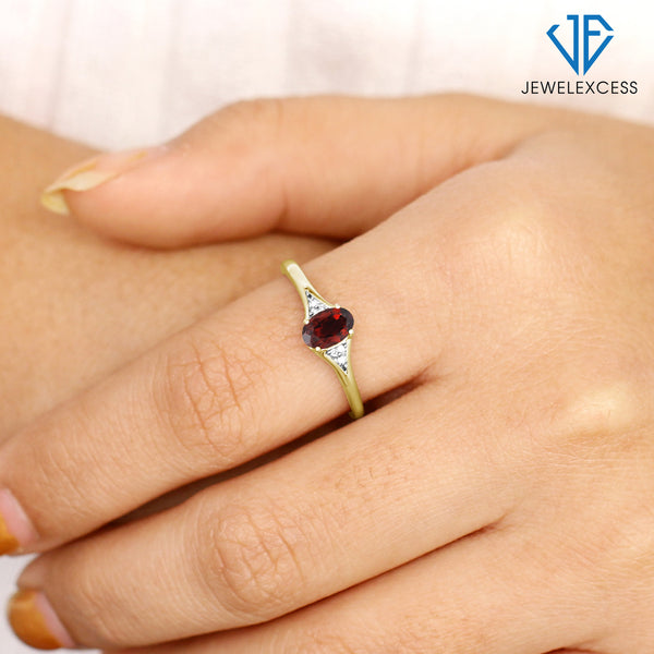 Garnet Ring January Birthstone Jewelry – 1/2 Carat Garnet 14K Gold Over Silver Ring Jewelry with White Diamond Accent – Gemstone Rings with Hypoallergenic 14K Gold Over Silver Band