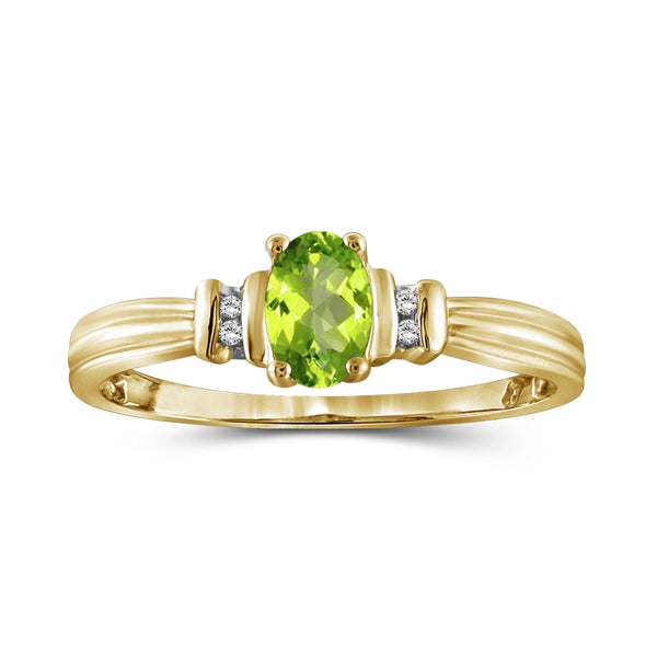 0.82 Carat T.G.W. Peridot Gemstone and 1/20 Carat White Diamond 14K Gold-Plated Ring