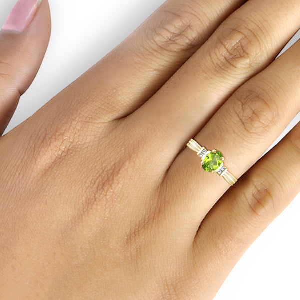0.82 Carat T.G.W. Peridot Gemstone and 1/20 Carat White Diamond 14K Gold-Plated Ring