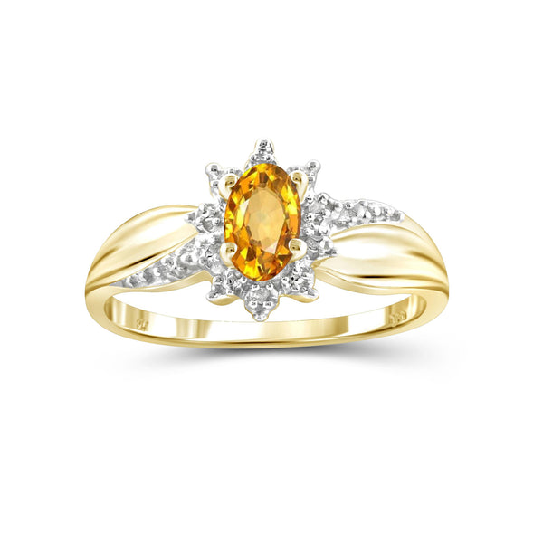 Citrine Ring Birthstone Jewelry – 0.50 Carat Citrine 14K Gold-Plated Ring Jewelry with White Diamond Accent – Gemstone Rings with Hypoallergenic 14K Gold-Plated Band