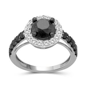 Diamond Halo Rings – 3.00 CTW Black & White Diamond Halo Ring, Sterling Silver Ring Band – Black Ring Diamond Rings for Women – Birthday Gifts