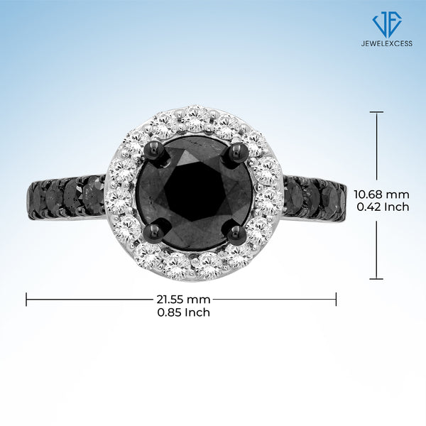 Diamond Halo Rings – 3.00 CTW Black & White Diamond Halo Ring, Sterling Silver Ring Band – Black Ring Diamond Rings for Women – Birthday Gifts