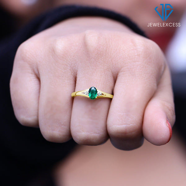 Created Emerald Ring May Birthstone Jewelry – 0.30 Carat Created Emerald 14K Gold Over Silver Ring with White Diamond Accent – Gemstone Rings with Hypoallergenic 14K Gold Over Silver Band