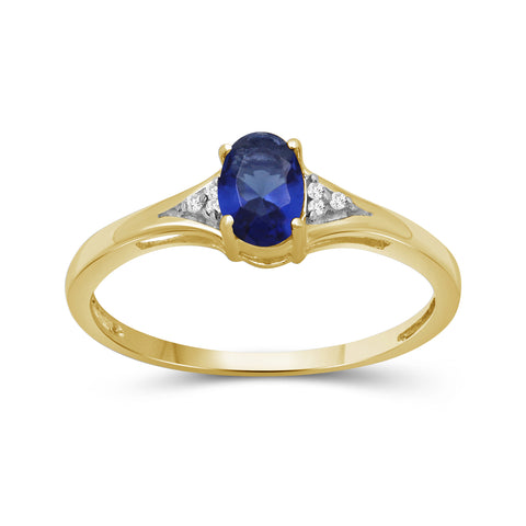 Created Sapphire Ring September Birthstone Jewelry – 0.35 Carat Created Sapphire 14K Gold Over Silver Ring with White Diamond Accent – Gemstone Rings with 14K Gold Over Silver Band